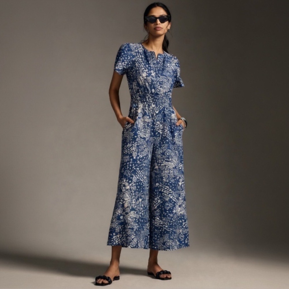 Anthropologie Somerset Blue and White Printed Short-Sleeve Jumpsuit